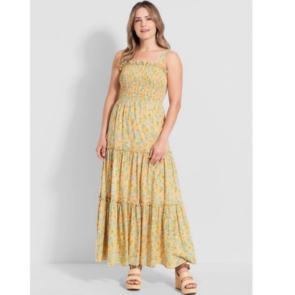 ModCloth Smocked Ruffle Tier Skirt 70s Vintage Maxi Dress Large